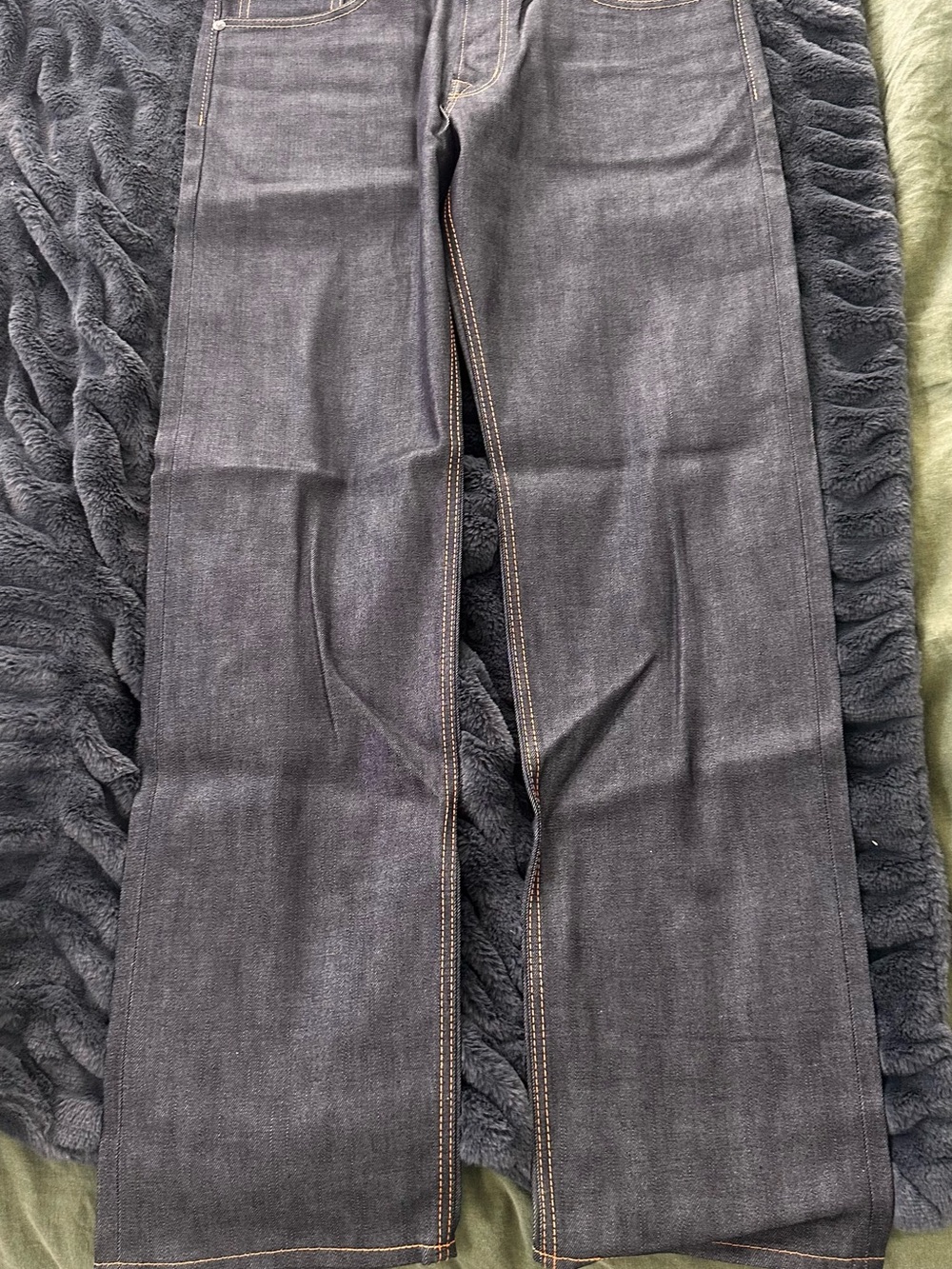 Edwin selvedge denim with bright orange stitching